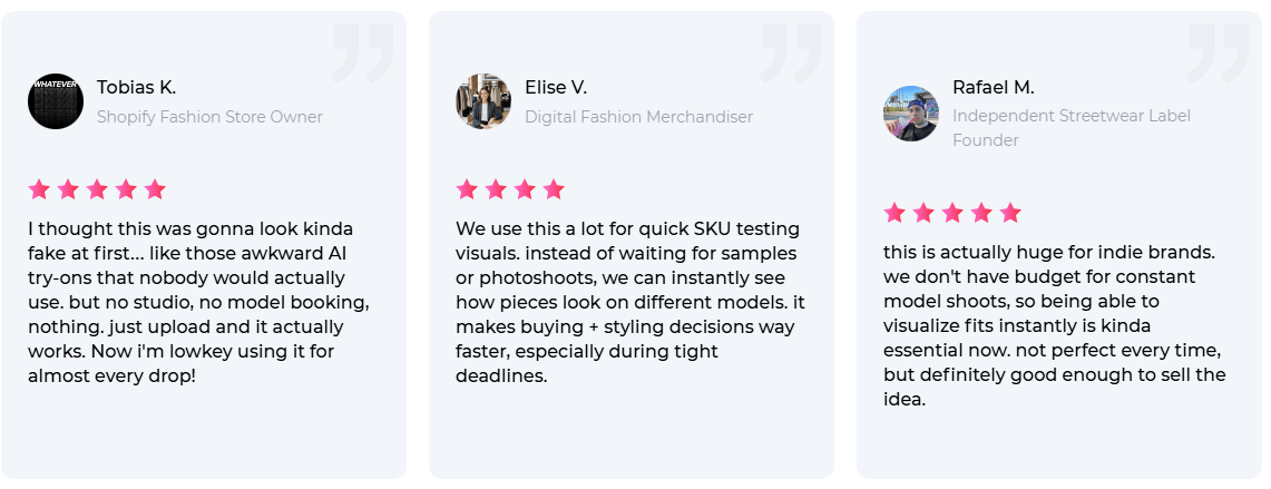 Three testimonial cards featuring user avatars, names, professional titles, star ratings, and positive reviews about an AI fashion design tool, highlighting its effectiveness for SKU testing and cost-saving on photoshoots.