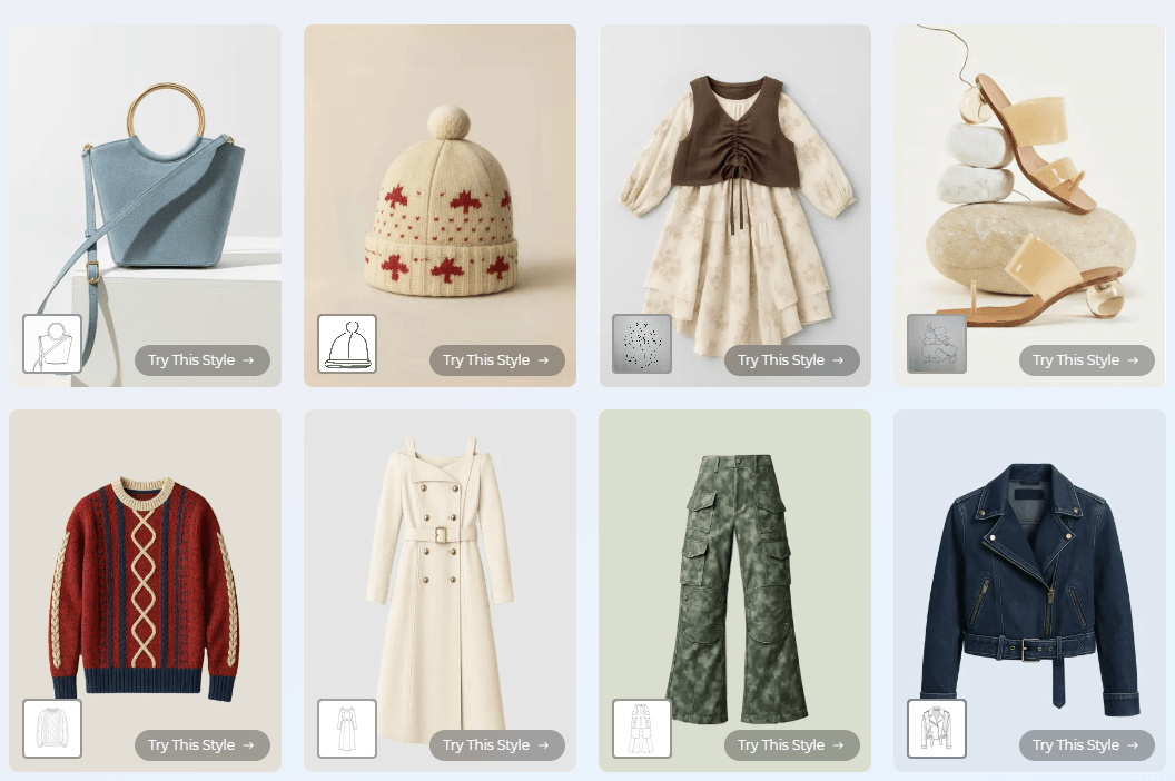 A grid of eight fashion product cards featuring items like bags, clothing, and footwear, each paired with a line art sketch and a "Try This Style" interactive button for design visualization.
