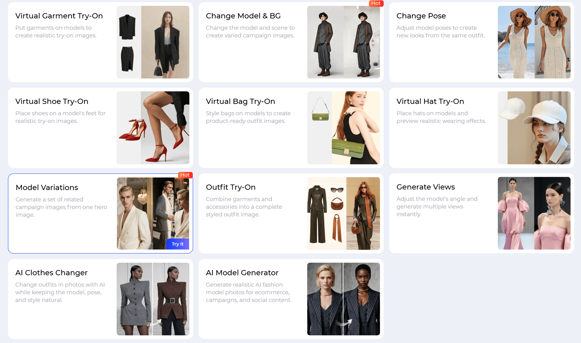 A comprehensive dashboard of AI fashion tools, featuring visual examples and labels for functions such as Virtual Garment, Shoe, Bag, and Hat Try-On, as well as AI-powered model generation, outfit swapping, and pose adjustment for professional ecommerce photography.
