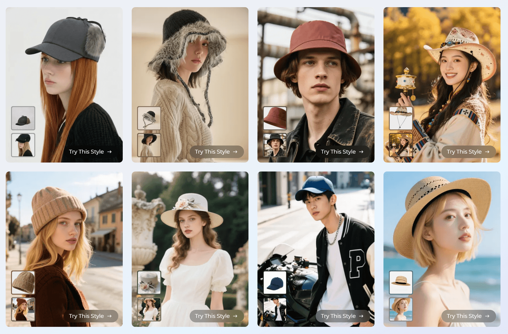 A grid of eight fashion cards showcasing diverse hat styles on models, each accompanied by product thumbnails and a "Try This Style" button for interactive design visualization.