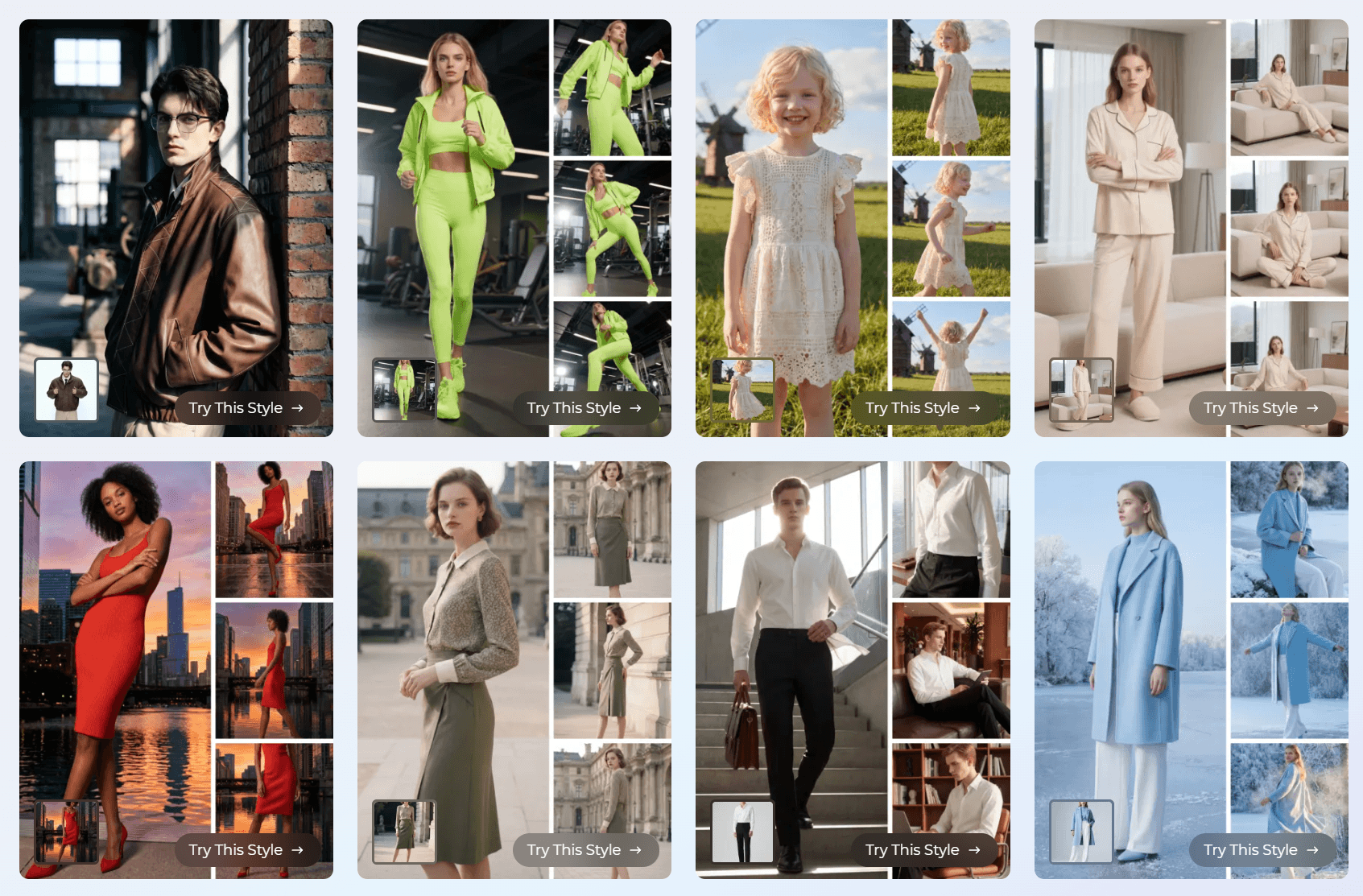 A grid of eight fashion lookbook cards, each showcasing a specific outfit on a model with secondary lifestyle shots and a "Try This Style" button for interactive AI design visualization.