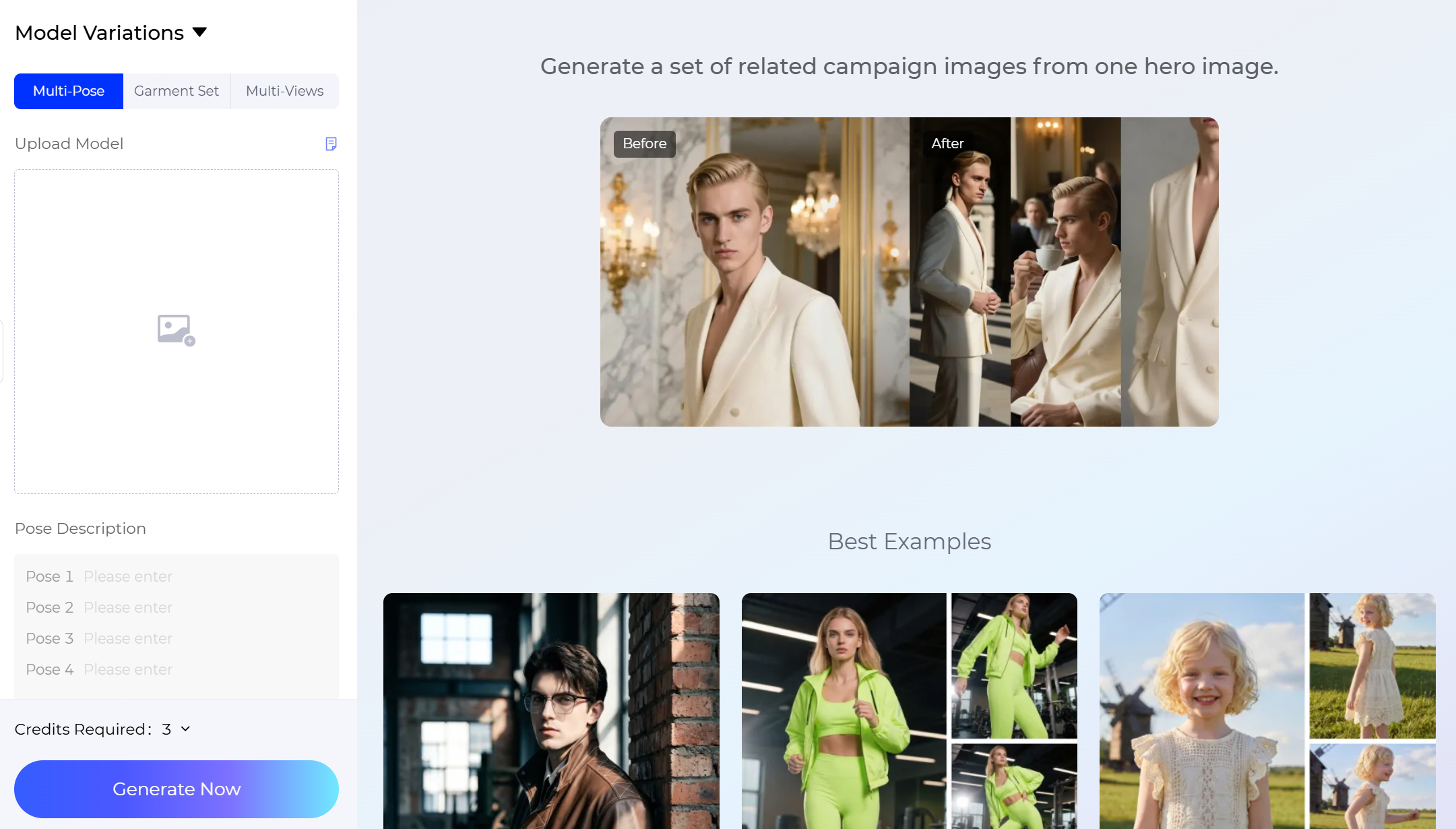 An interface for an AI "Model Variations" tool that generates multiple pose-varied campaign images from a single source photograph, featuring an input panel for user uploads and a display area showing "Before" and "After" examples alongside a gallery of successful output results.