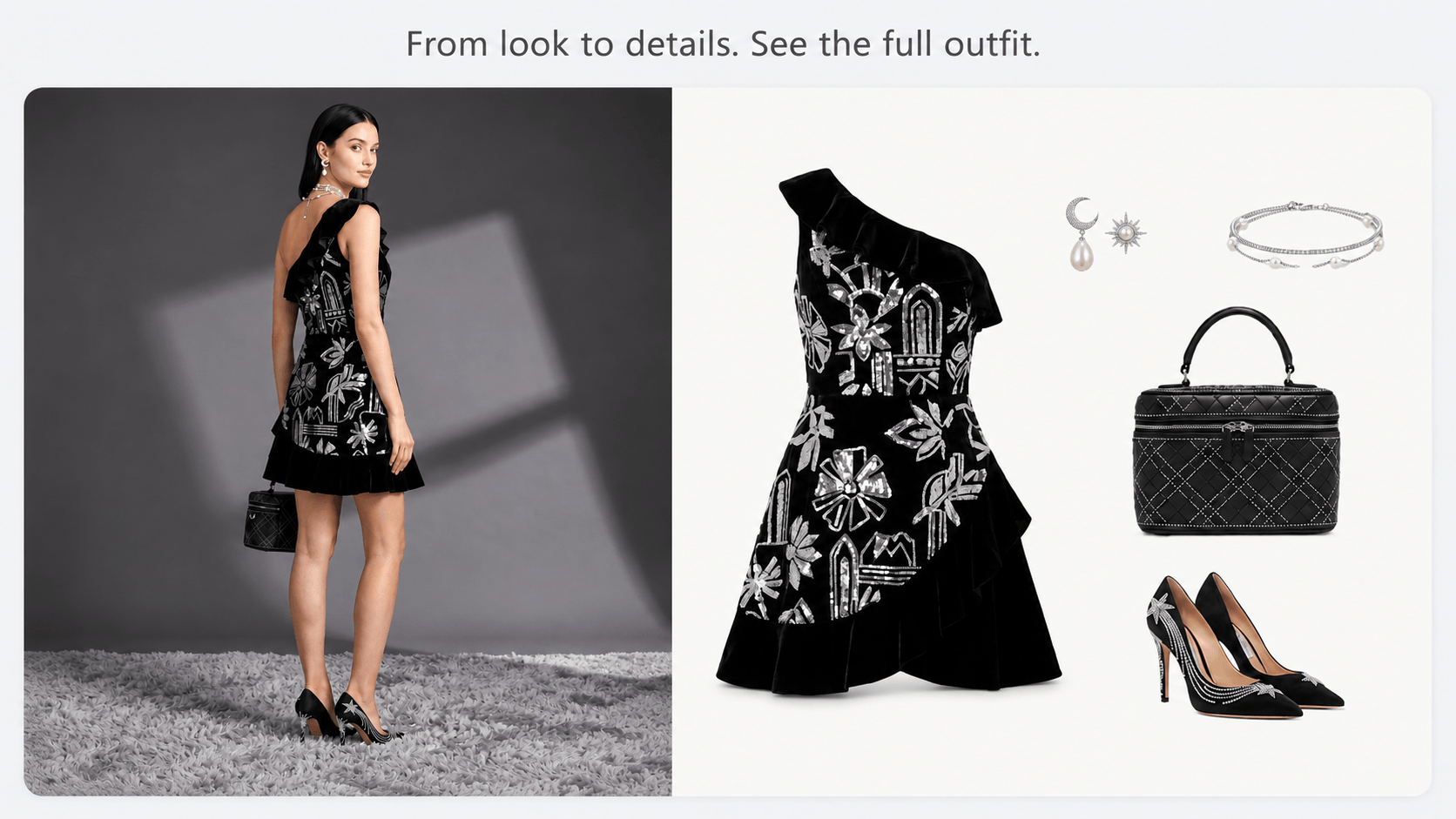 A fashion visualization split into two parts: on the left, a model wearing a sequined black velvet one-shoulder dress and high heels; on the right, the individual outfit components isolated, including the dress, jewelry, a quilted vanity bag, and pointed-toe heels, demonstrating a complete ensemble breakdown.