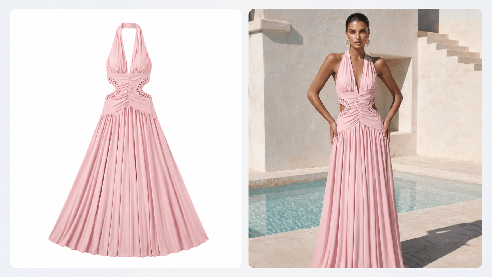 A side-by-side comparison featuring a powder pink halter neck gown with side cut-outs on the left, and a model wearing the same elegant gown by a swimming pool on the right, demonstrating both the product design and its realistic wearing effect.