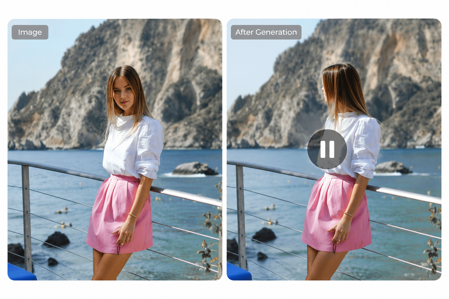 A side-by-side comparison showing an AI-powered pose adjustment; on the left, a model faces the camera in a seaside setting, and on the right, the same model's head is turned away, with a pause icon overlaying the generated image to suggest dynamic video or animation processing.