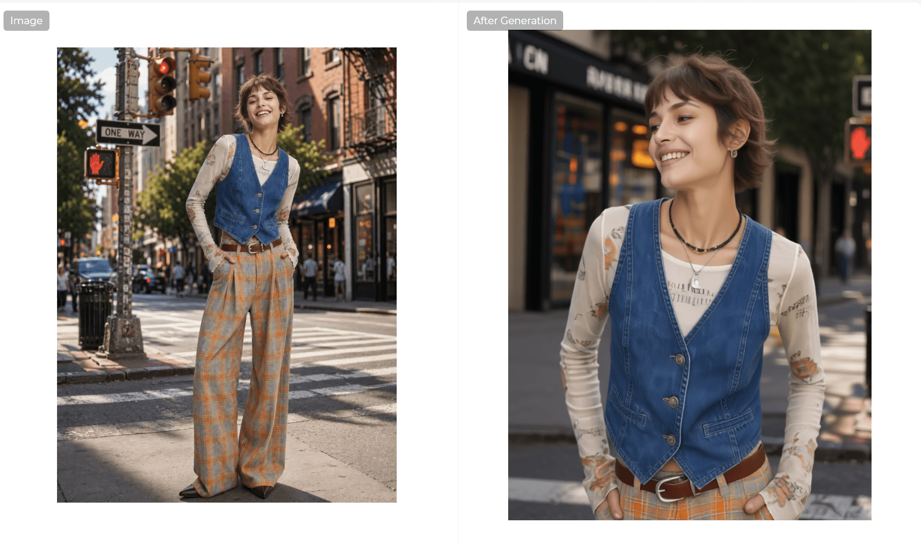 The image presents a side-by-side comparison titled "Image" and "After Generation." On the left, a full-body shot displays a smiling model standing on a city street, wearing a blue denim vest over a long-sleeved patterned top and wide-legged plaid trousers. On the right, the "After Generation" image provides a closer, portrait-style crop of the same model, focusing on the upper torso and head while maintaining the same outfit and urban backdrop.