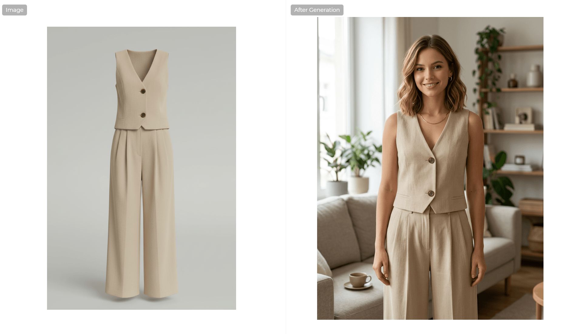 A visual comparison from "image_d9cf8b.jpg" shows a beige vest and wide-leg trouser set presented flat on a neutral background on the left, labeled "Image," contrasted with a photograph of a smiling model wearing the identical outfit in a furnished living room setting on the right, labeled "After Generation."