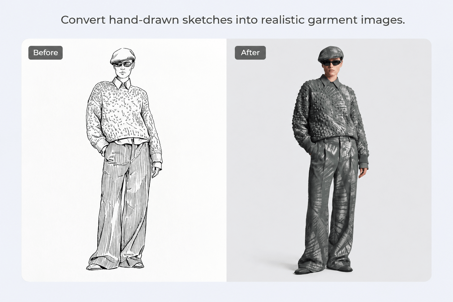 A comparison image showing a hand-drawn sketch of a person wearing a textured sweater and wide-leg trousers on the left labeled "Before," and a corresponding realistic AI-generated photograph of a model wearing the same outfit on the right labeled "After," demonstrating the conversion of sketches into realistic garment images.