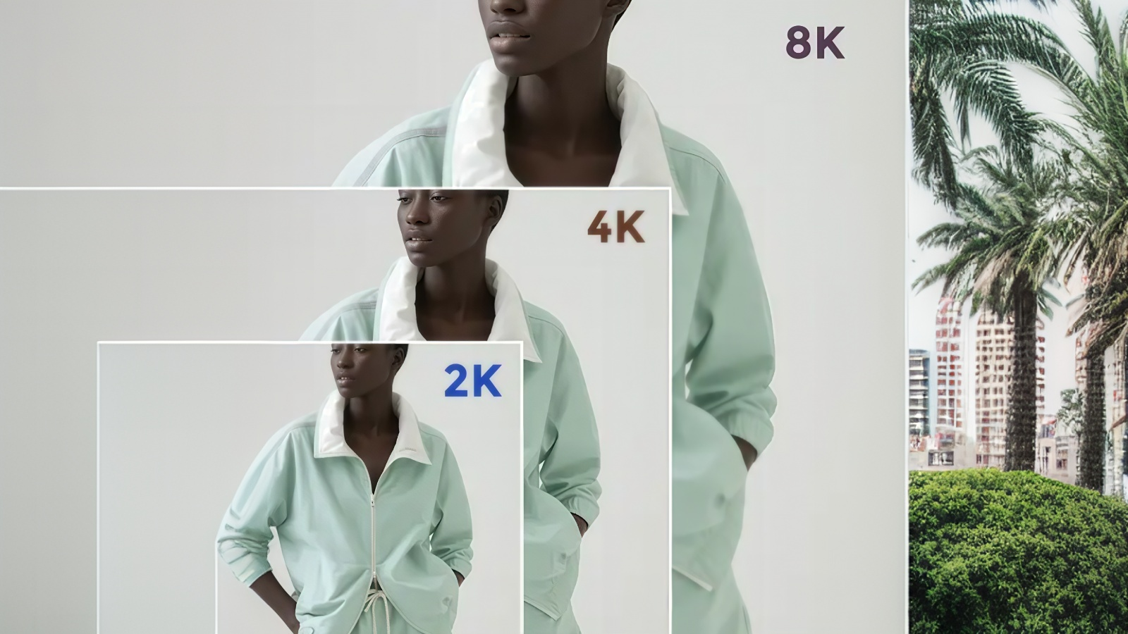 The image features a layered, minimalist design showcasing a model wearing a light mint-green athletic jacket over a white mock-neck top. The composition uses a staggered, overlapping rectangular layout to illustrate three distinct levels of image resolution, labeled "2K," "4K," and "8K," effectively demonstrating a progression in visual clarity and detail. The background is a clean, neutral light gray, maintaining a modern, professional aesthetic typical of commercial fashion photography.